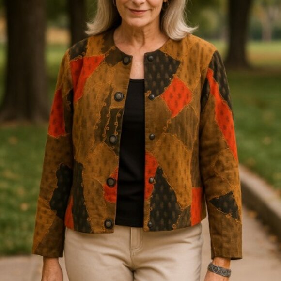 Vintage Boho Chic Patchwork Jacket Vibrant Fall Colours Embroidery Crested Snaps - Picture 1 of 15